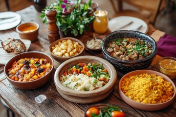 Fototapeta premium A wooden table is filled with ceramic dishes of homemade meals emphasizing shared dining, comforting home cooking, and abundant rustic food presentation