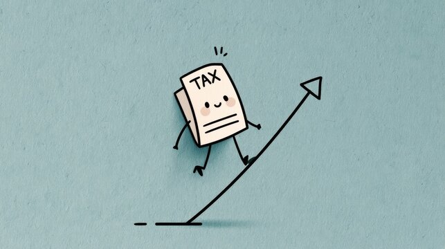 Tax paper moves up a line on a blue background in a simple drawing showing progress in finances