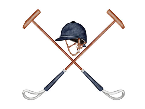 Watercolor illustration of a polo mallet and a helmet. Hand-drawn polo stick. Sports equipment clip art. Design for flyers and game invitations.