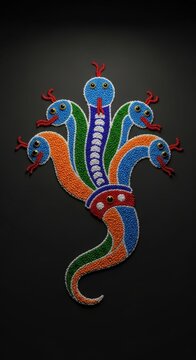 Colorful Multi-Headed Serpent Art on Dark Background.