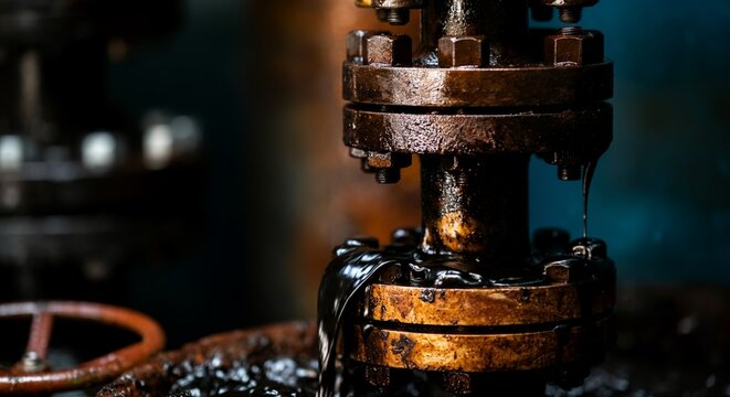 Macro detail blown out subsea blowout preventer BOP valve leaking thick.