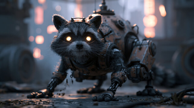 Robotic raccoon scavenging in abandoned futuristic city, glowing eyes, detailed mechanical limbs, cinematic urban dystopia atmosphere