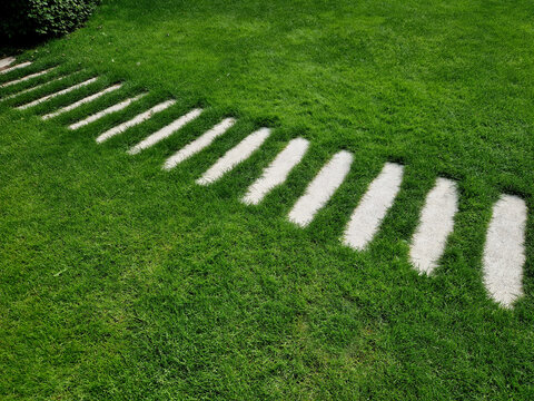 lawn version of zebra crossing It  clever garden walkway made of rectangular stepping stones layout designed to look like pedestrian crosswalk, very neat, rhythmic modern path.