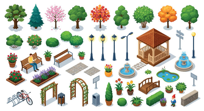 Isometric park elements collection vector illustration with various garden features