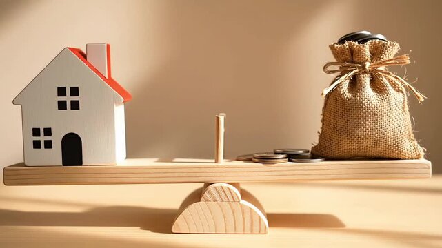 Wooden toy house and money bag balanced on a seesaw showing real estate and finance comparison