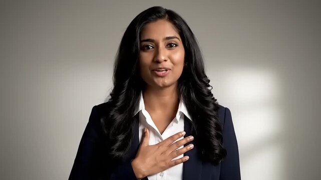 Professional Woman Expresses Gratitude with Heartfelt Gesture.