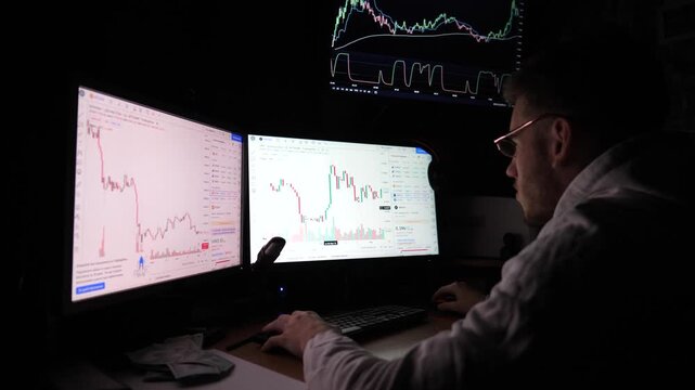 Male trader analyzing commodities and foreign exchange charts. Financial analyst trading online at stock market. Young broker working on computer with multi-monitors at night. Data analysis. Slow mo