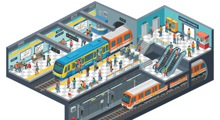 Isometric subway station scene with passengers and trains © PROMA