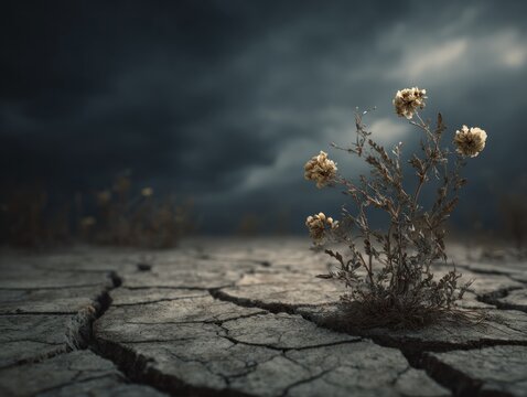 Dry land with plant under dramatic sky