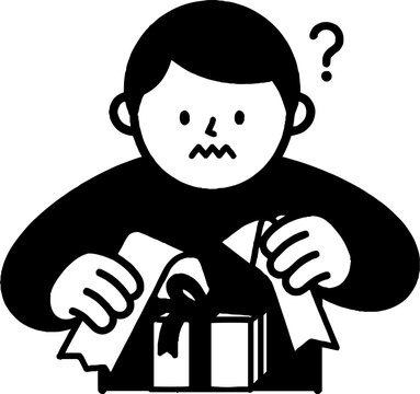 Confused person struggling with gift wrapping process.