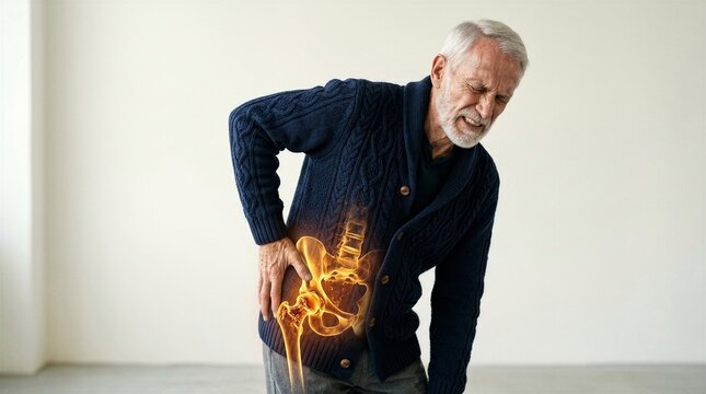 Elderly man touching his hip in pain with a glowing digital overlay of the pelvis and joint. Chronic arthritis and joint disease concept. Senior healthcare and orthopedics medical illustration.