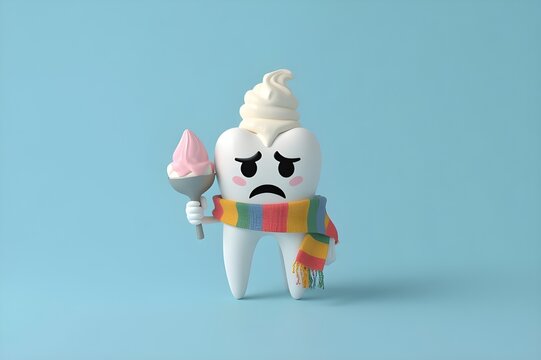 Dental health matters as sweet chocolate syrup and cold ice cream sprinkles cause a sad tooth pain cavity emergency.