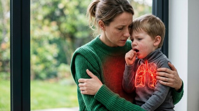 Woman comforting sick child coughing with visual illustration of lungs. Medical concept of respiratory disease, bronchitis or asthma symptoms. Care and support for son in childhood.