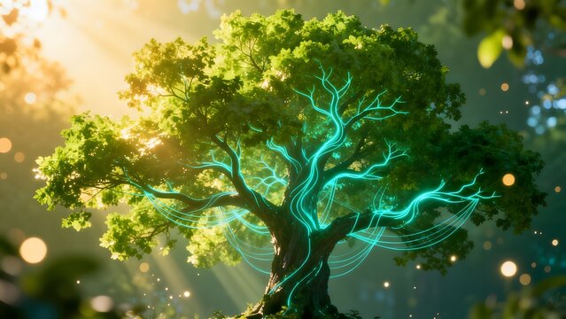 Magical glowing tree in forest