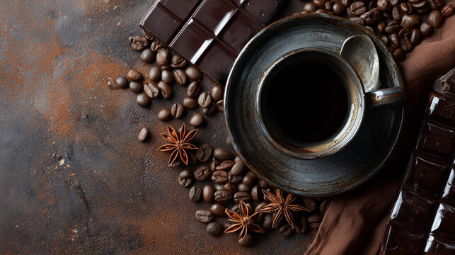 ダークチョコとブラックコーヒーの俯瞰写真 / Flat Lay of Black Coffee and Dark Chocolate