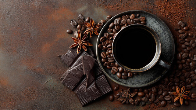 ダークチョコとブラックコーヒーの俯瞰写真 / Flat Lay of Black Coffee and Dark Chocolate