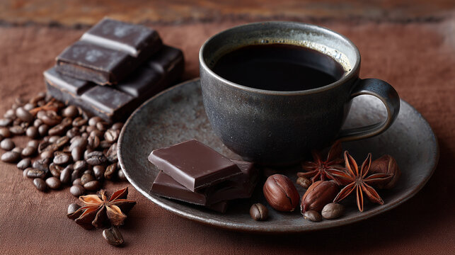 ダークチョコとブラックコーヒーの俯瞰写真 / Flat Lay of Black Coffee and Dark Chocolate