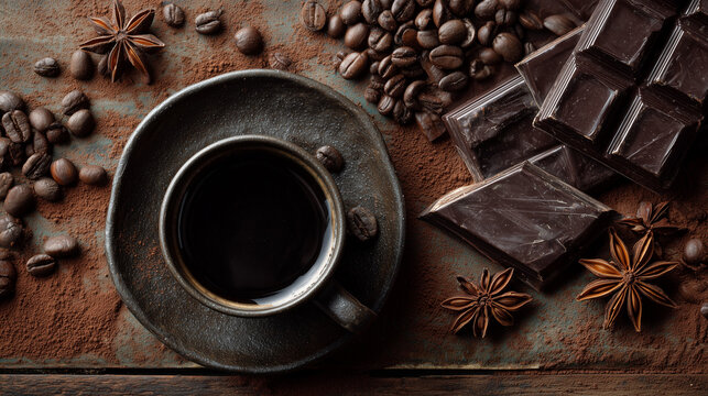 ダークチョコとブラックコーヒーの俯瞰写真 / Flat Lay of Black Coffee and Dark Chocolate