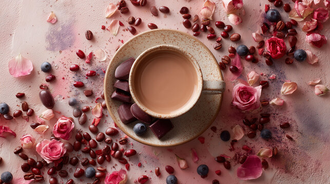 ルビーチョコとマイルドコーヒー俯瞰 / Flat Lay of Ruby Chocolate and Mild Coffee