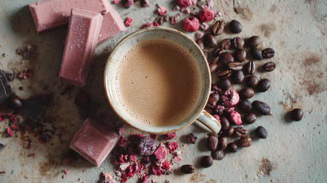 ルビーチョコとマイルドコーヒー俯瞰 / Flat Lay of Ruby Chocolate and Mild Coffee
