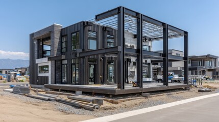 Naklejka premium Modern Minimalist House Under Construction with a Steel Frame Featuring Large Windows and Open Concept Design in a Residential Neighborhood