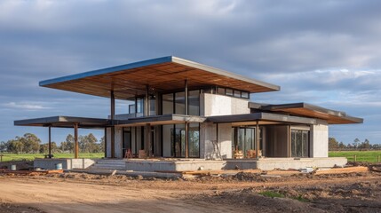 Naklejka premium Modern Architectural Design of a Contemporary House with Large Windows and Open Spaces Surrounded by Nature and Under Cloudy Skies on an Unfinished Construction Site