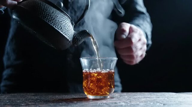 Person pouring hot tea from a rustic cast iron teapot into a clear glass, steam rising, dark moody atmosphere