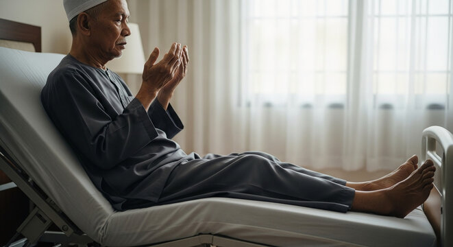 Elderly man in traditional attire praying fervently while lying on a hospital bed, reflecting on faith and recovery in a serene setting