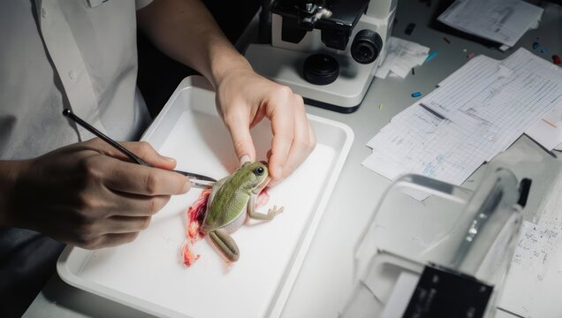 Scientist performing dissection on a frog in a laboratory setting for research purposes.