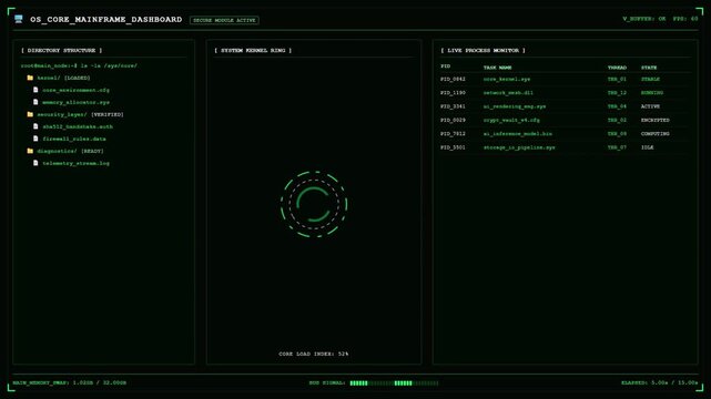 OS Core Mainframe Dashboard Displaying Live Process Monitor System Kernel Ring Diagnostics And Directory Structure Green HUD UI Interface.