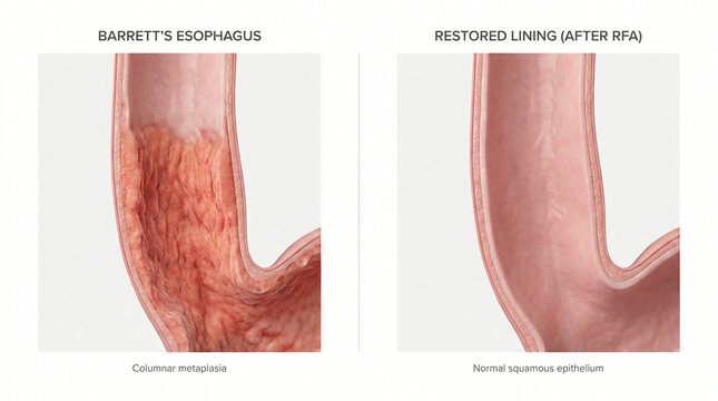 Barrett Esophagus Columnar Metaplasia and Restored Lining After RFA 3D Illustration