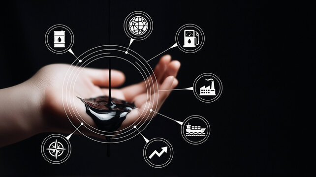 Hand holding crude oil drip with global petroleum industry infographic icons barrel refinery tanker fuel station market growth and compass