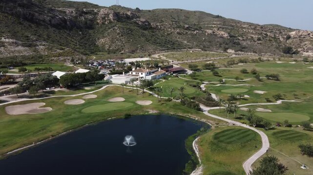 Aerial view of the club house at the Font del Llop golf course. Monforte del Cid, Spain.