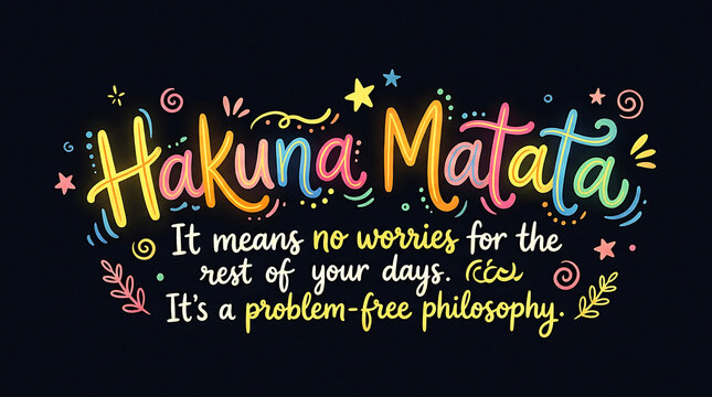 Hakuna Matata inspirational quote, colorful text on black background, motivational phrase, problem-free philosophy