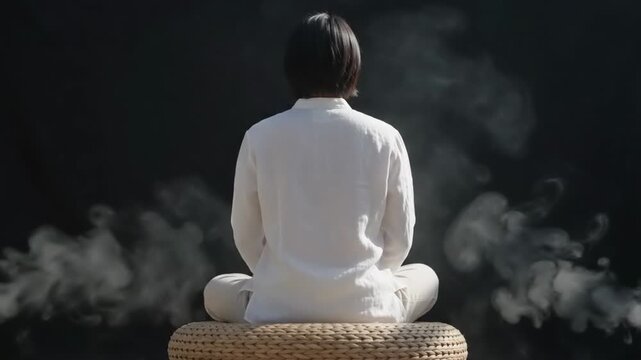 Woman meditating in lotus pose with steam rising, serene meditation, calm mind, spiritual practice, relaxation, wellness, inner peace, zen atmosphere