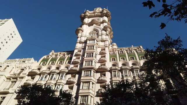 Low Angle Establish Palacio Barolo Historic Landmark Architecture In Buenos Aires