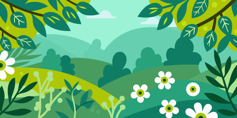 Green landscape illustration with rolling hills and floral elements © Roni