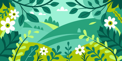 Green landscape illustration with floral elements and rolling hills © Roni