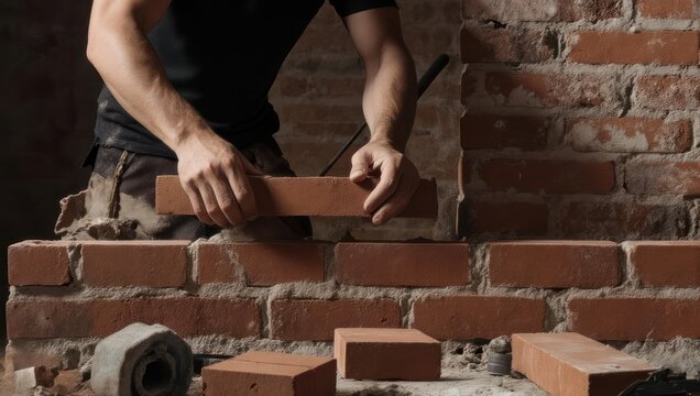Skilled bricklayer meticulously constructing a sturdy brick wall, showcasing traditional masonry techniques and craftsmanship.