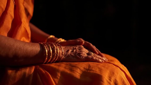 Close up of a woman's hands wearing multiple gold bangles and rings, resting on orange fabric, serene mood, warm lighting