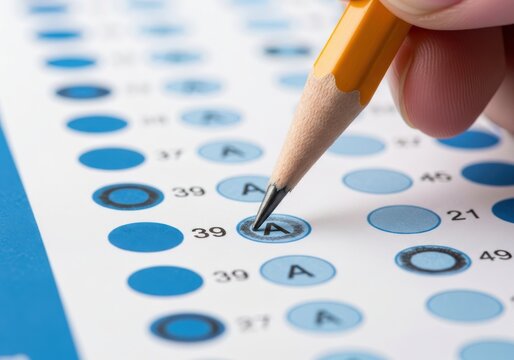Close-up of Student Hand Filling in Standardized Test Answer Sheet with Yellow Pencil for Academic Assessment