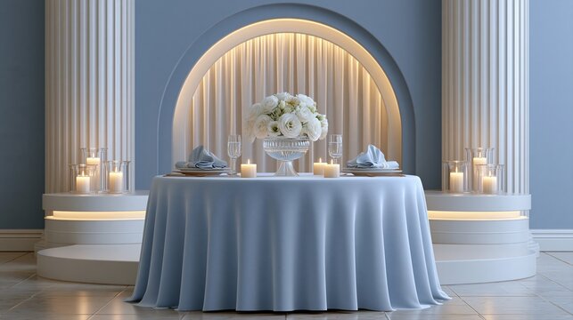 Elegant table setting for two with floral centerpiece and candles in a romantic, classical setting