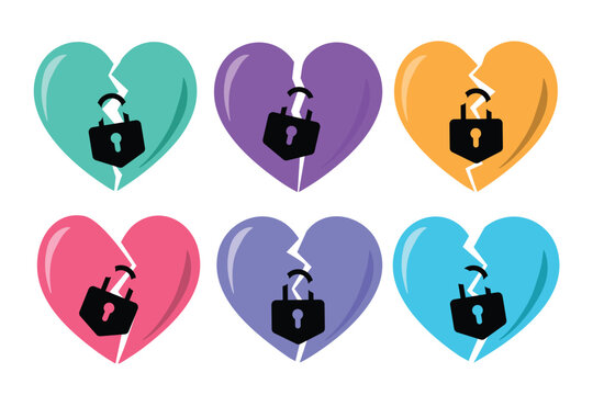 A set of colorful broken heart icons with open padlocks. Symbolizing emotional healing, unlocking the heart, relationship recovery, and personal freedom. Perfect for apps, blogs, and social media. 