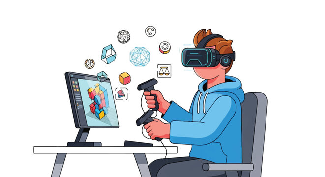 Person wearing a virtual reality headset using a handheld controller at a computer setup for immersive tech experience.