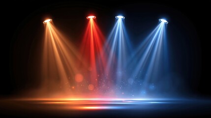 Stage spotlight beams in orange, red, and blue illuminate a dark background with glowing particles.