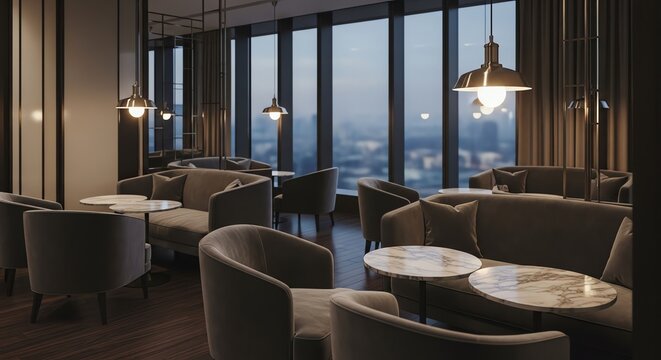 The dimly illuminated lounge features plush armchairs, tables, and cozy sofas, inviting patrons to unwind and savor the breathtaking city vista through expansive glass windows during