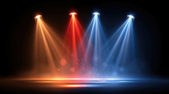 Stage spotlight beams in orange, red, and blue illuminate a dark background with glowing particles.