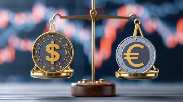 Balance scale with US Dollar and Euro coins, representing currency exchange and financial markets