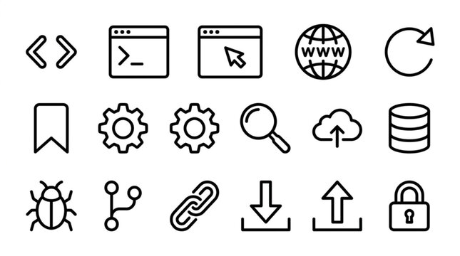 Collection of modern flat design icons for web development and technology.