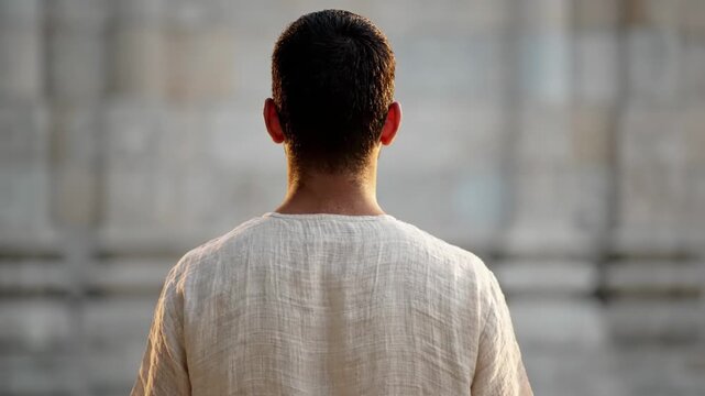 Back view of a man in a linen tunic standing against a blurred ancient stone architecture, bathed in warm golden hour light